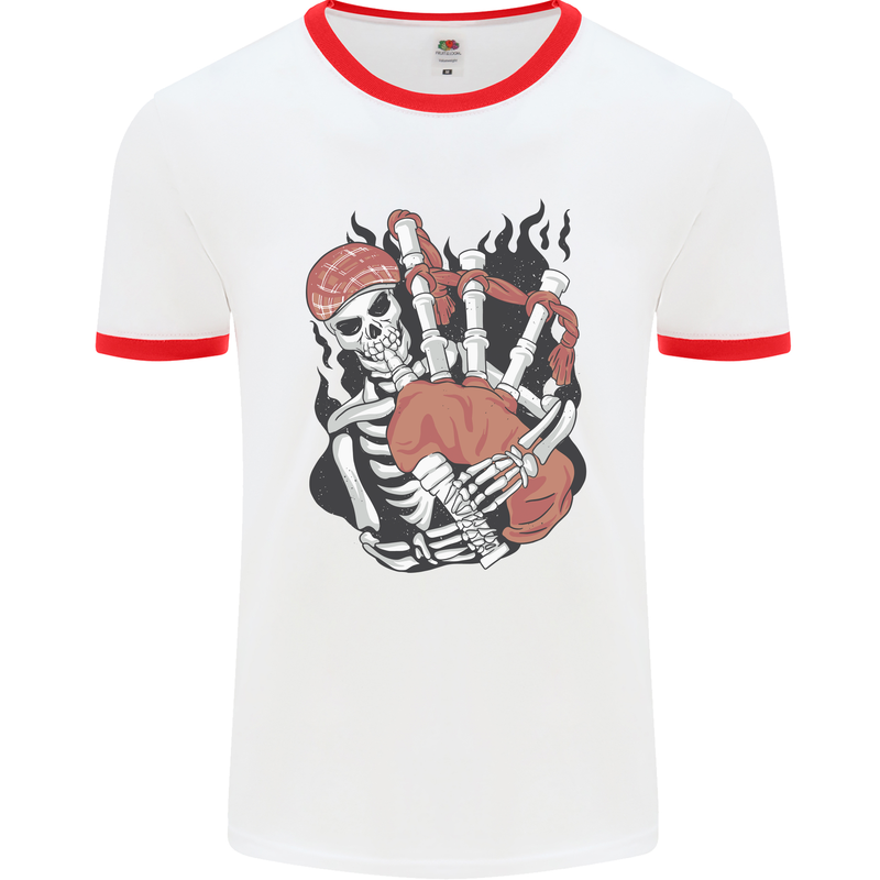 Bagpipes Skeleton Mens Ringer T-Shirt White/Red