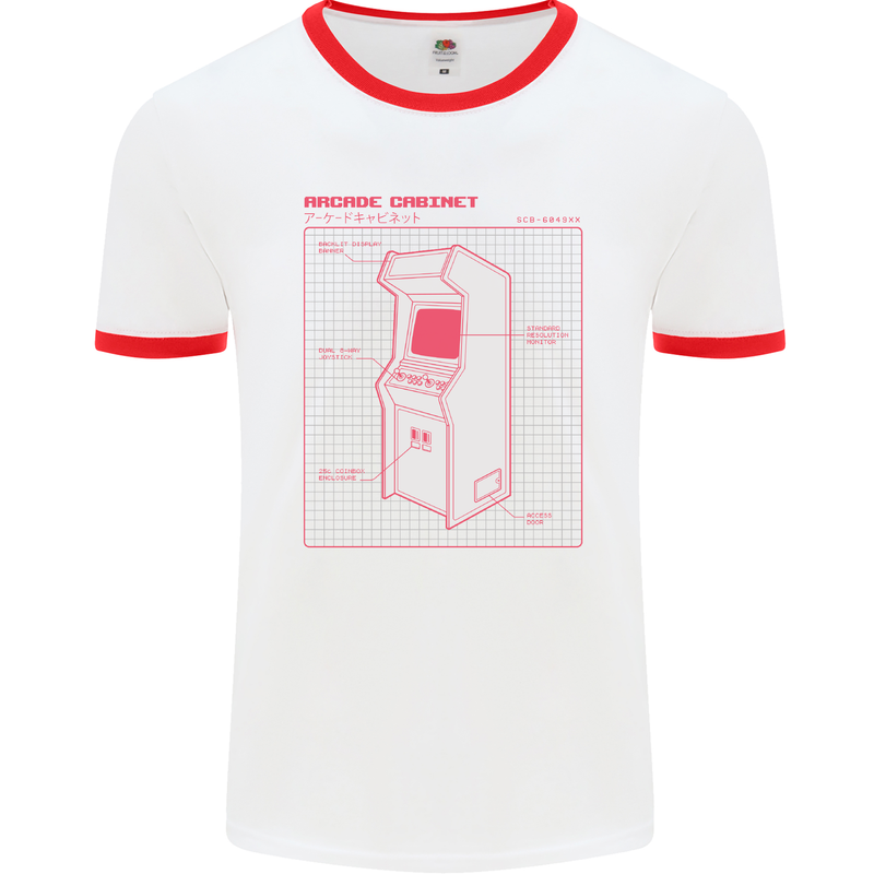 Retro Arcade Game Cabinet Gaming Gamer Mens White Ringer T-Shirt White/Red