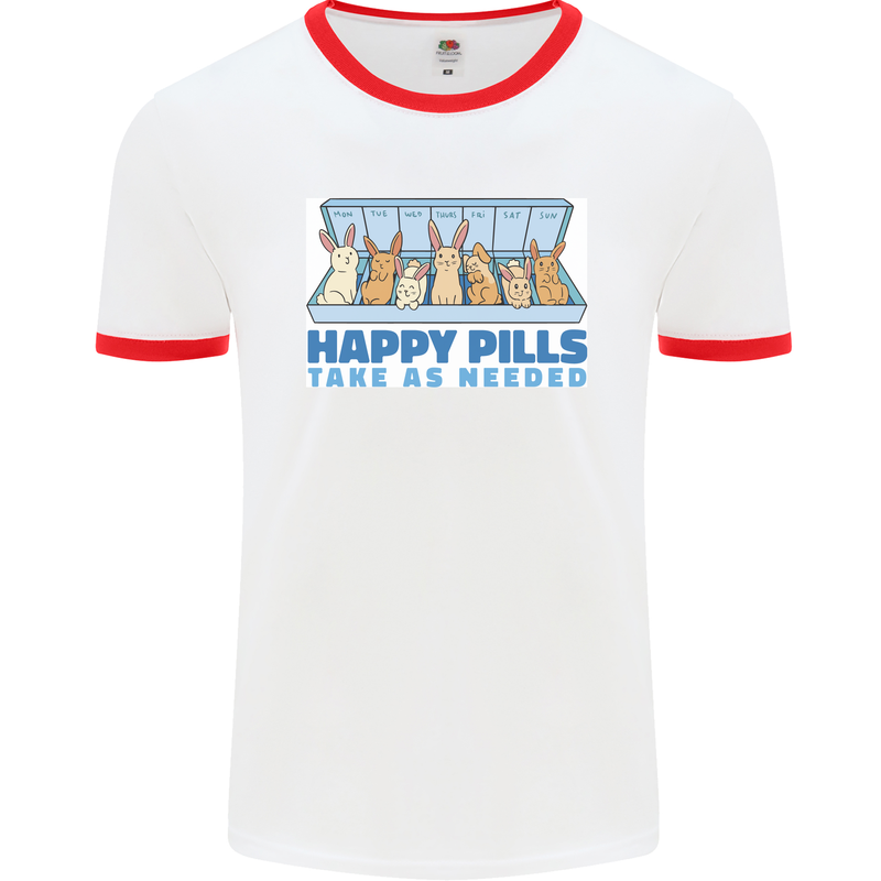 Bunny Rabbit Happy Pills Antidepressant Mens Ringer T-Shirt White/Red