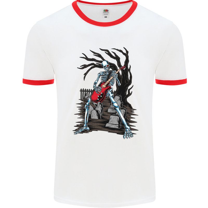 Graveyard Rock Guitar Skull Heavy Metal Mens White Ringer T-Shirt White/Red