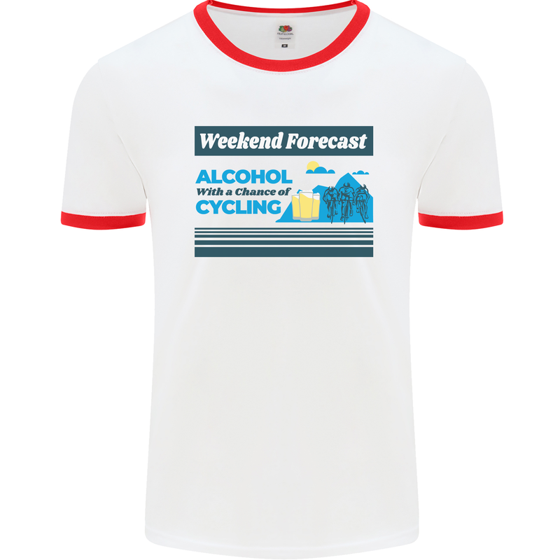 Cycling Weekend Forecast Funny Beer Alcohol Mens White Ringer T-Shirt White/Red