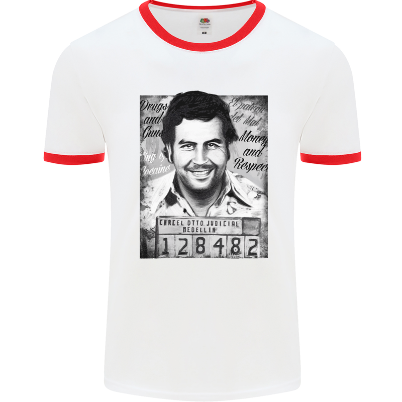 Pablo Escobar Mug Shot Mens White Ringer T-Shirt White/Red
