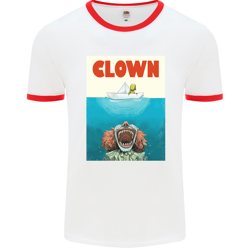 Jaws Funny Parody Clown Halloween Horror Mens White Ringer T-Shirt White/Red