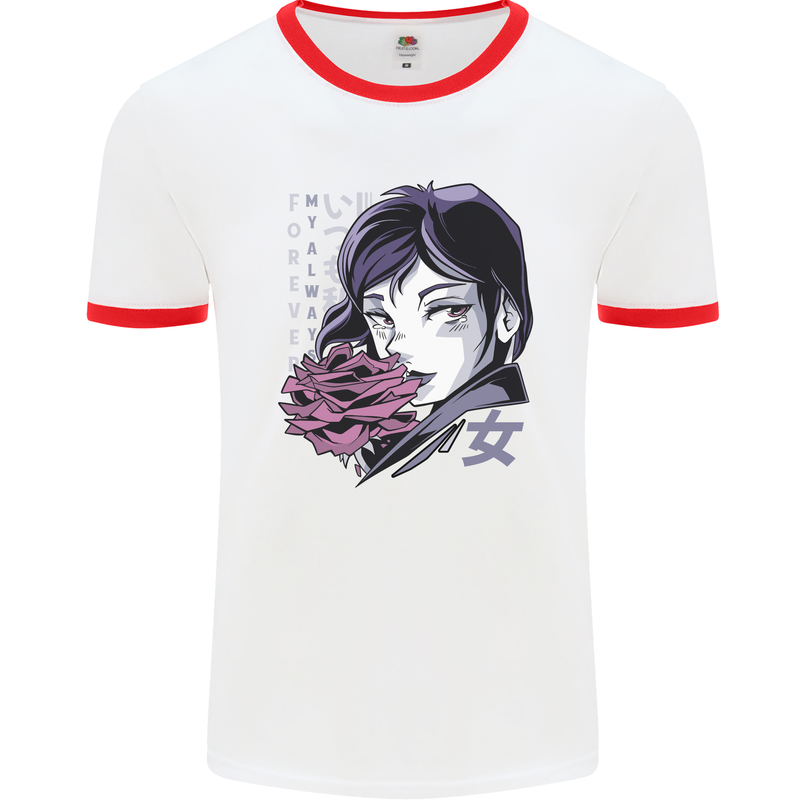 Anime Girl With Flowers Mens Ringer T-Shirt White/Red