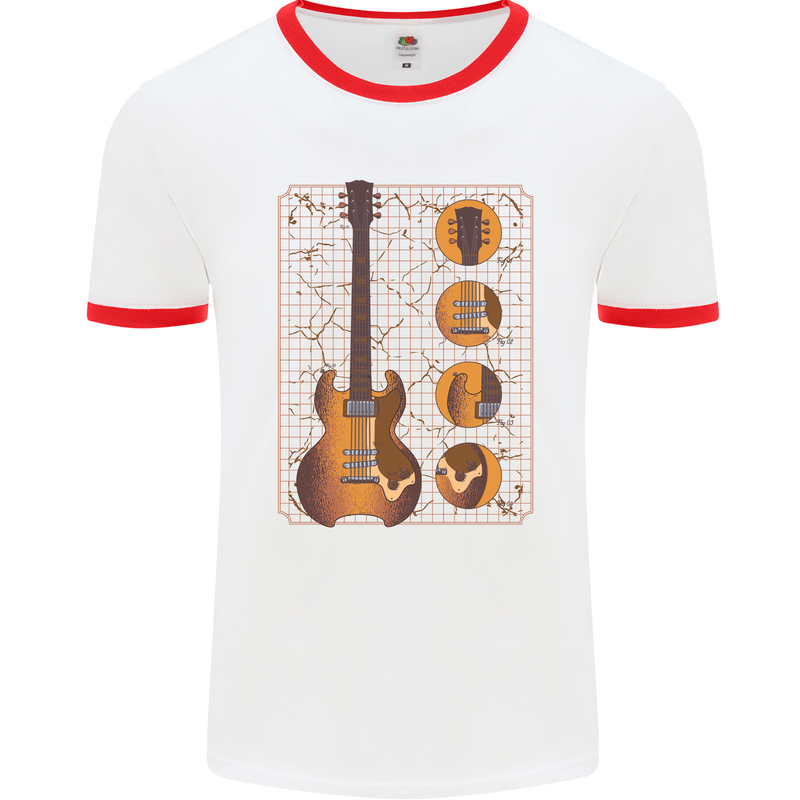 A Guitar Blueprint Music Rock n Roll Guitarist Mens White Ringer T-Shirt White/Red