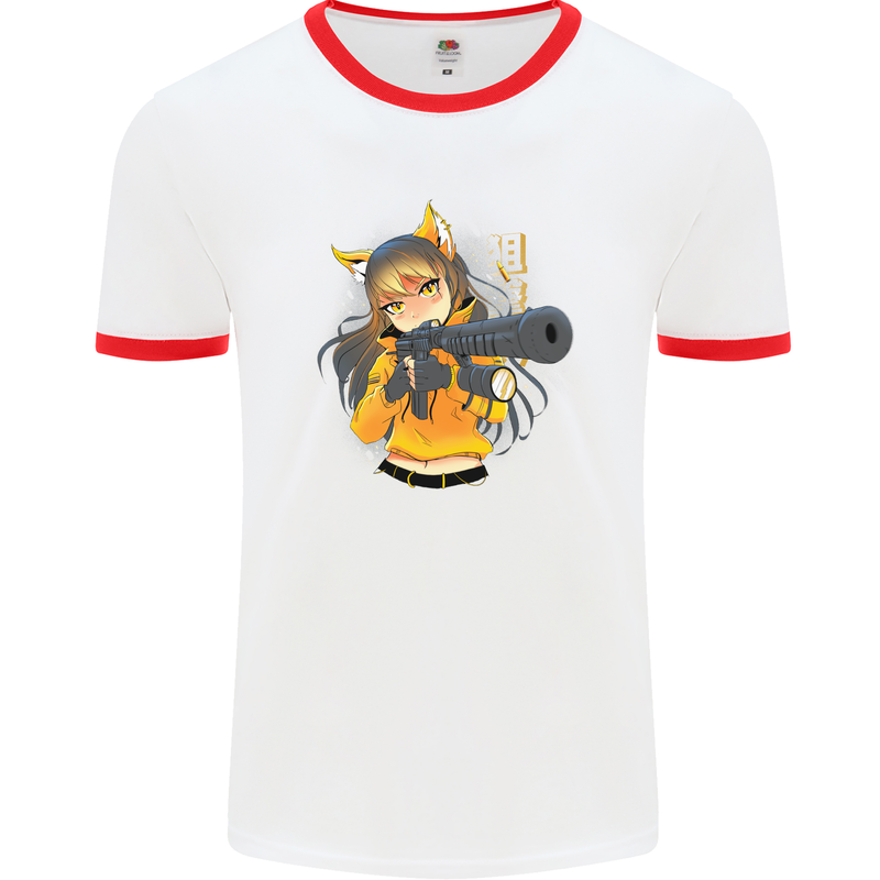 Anime Gun Girl Mens Ringer T-Shirt White/Red