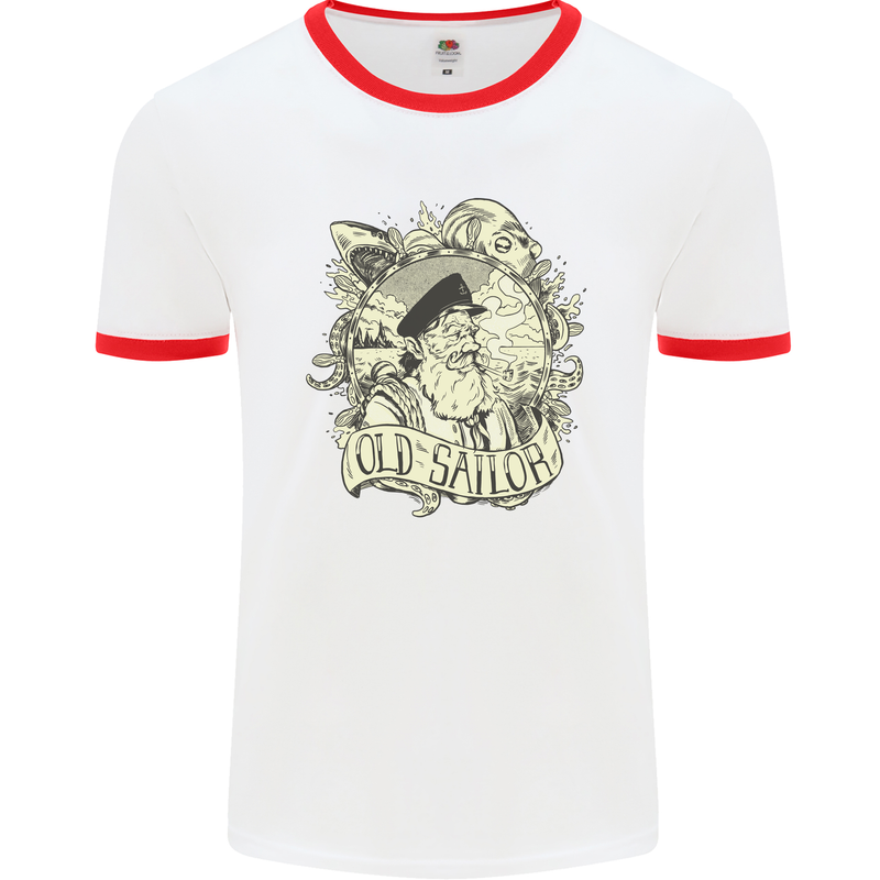 Old Sailor Octopus White Shark Captain Mens White Ringer T-Shirt White/Red