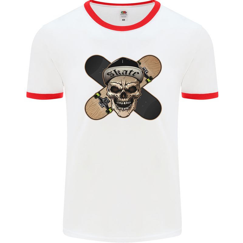 Skateboard Skull Skateboarding Mens White Ringer T-Shirt White/Red