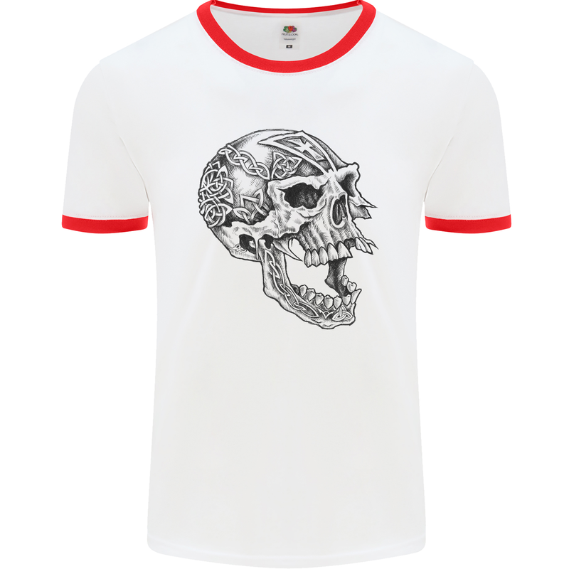 Viking Skull Symbols Mens White Ringer T-Shirt White/Red