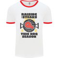 Raising the Steaks Funny BBQ Grill Mens White Ringer T-Shirt White/Red