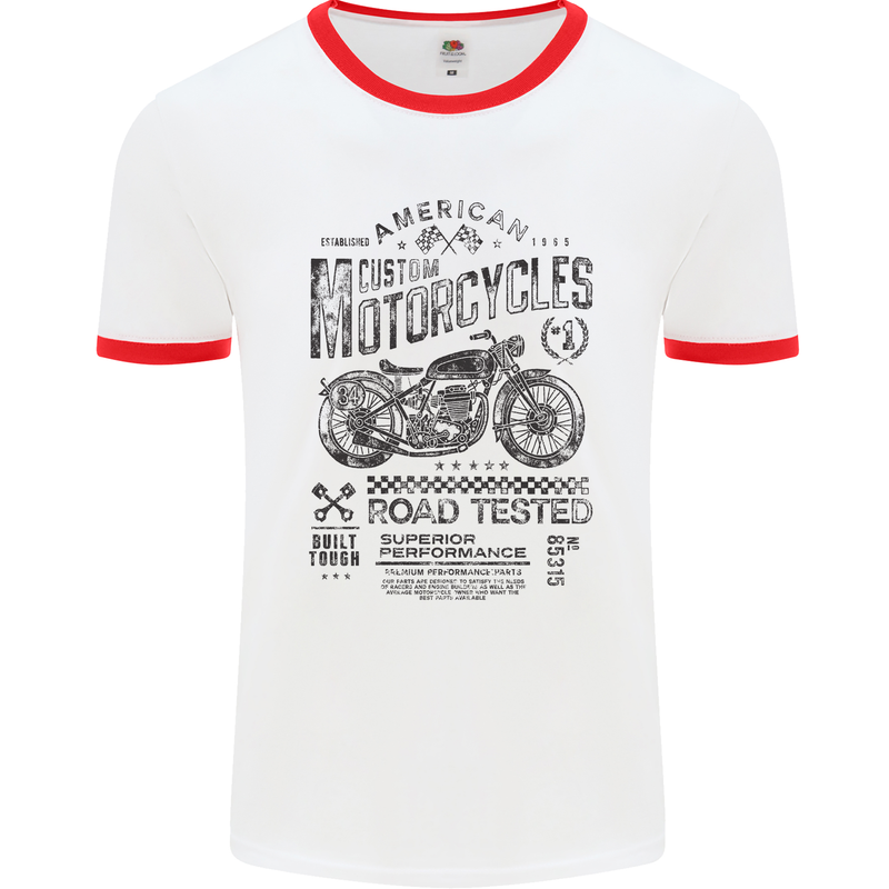 American Custom Motorbike Biker Motorcycle Mens White Ringer T-Shirt White/Red