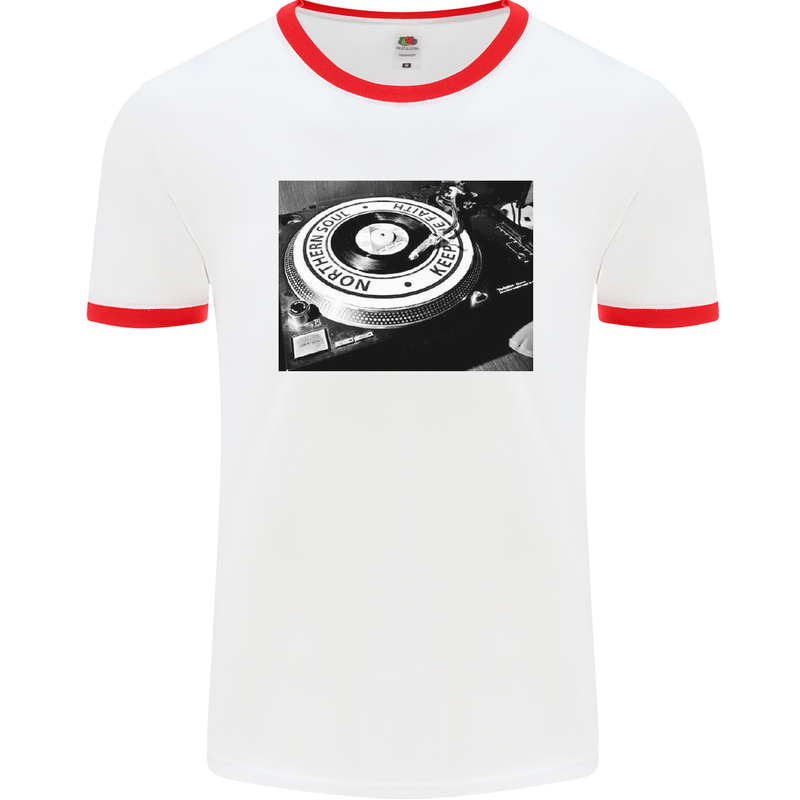 Northern Soul Turntable DJ Decks Vinyl Mens White Ringer T-Shirt White/Red