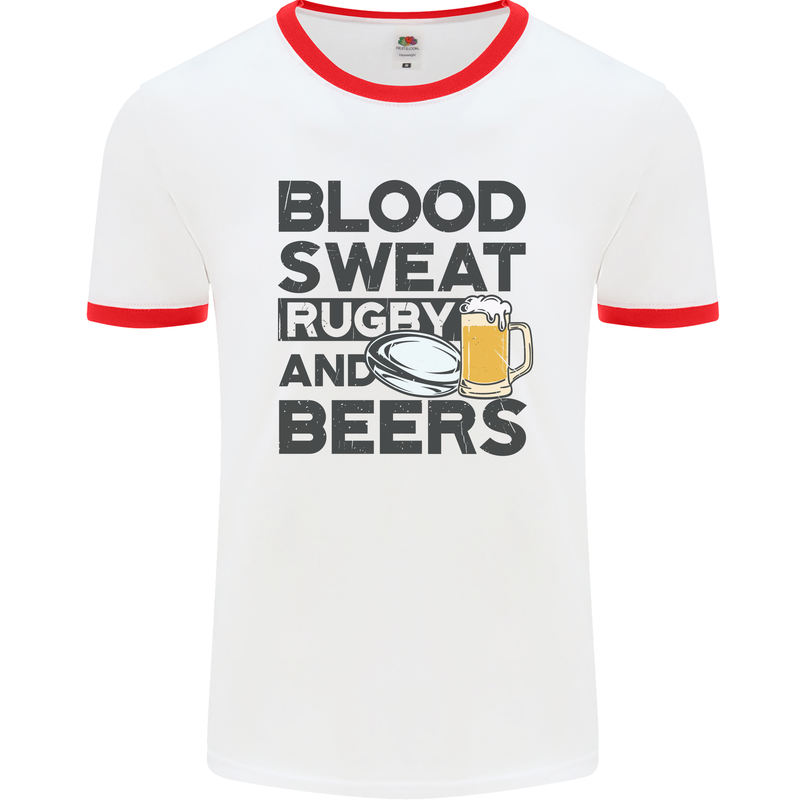 Blood Sweat Rugby and Beers Funny Mens White Ringer T-Shirt White/Red