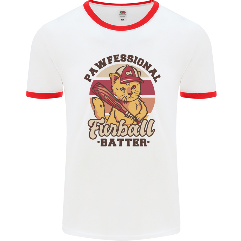 Furball Batter Funny Cat Baseball Humour Mens Ringer T-Shirt White/Red