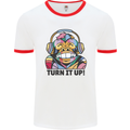 Turn It Up Monkey DJ Headphones Music Mens White Ringer T-Shirt White/Red