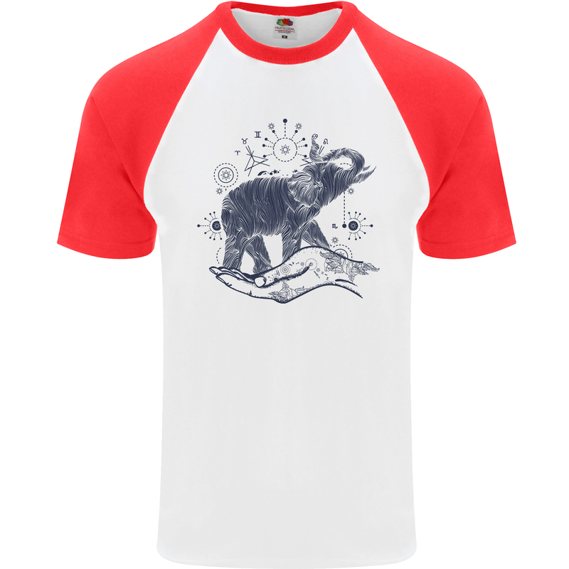 Sacral Style Elephant Meditation Tattoo Art Mens S/S Baseball T-Shirt White/Red
