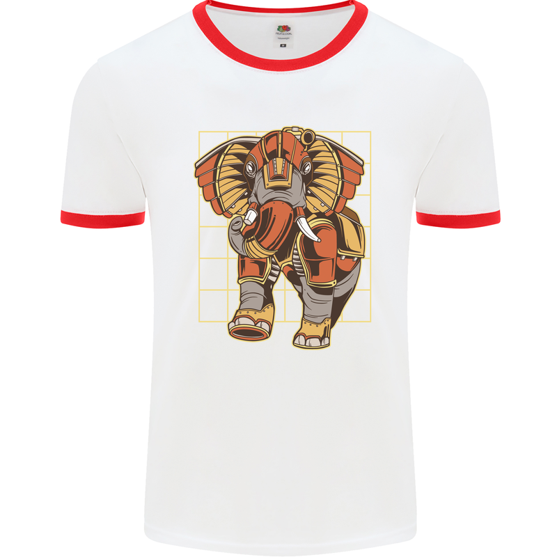 Steampunk Elephant Mens Ringer T-Shirt White/Red