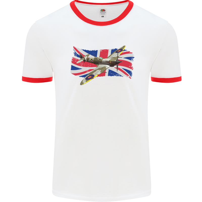 Supermarine Spitfire with the Union Jack Mens White Ringer T-Shirt White/Red