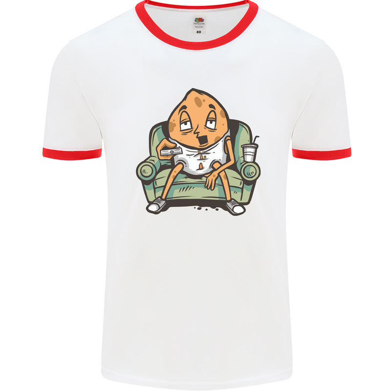 Funny Lazy Couch Potato Watchng TV Mens White Ringer T-Shirt White/Red