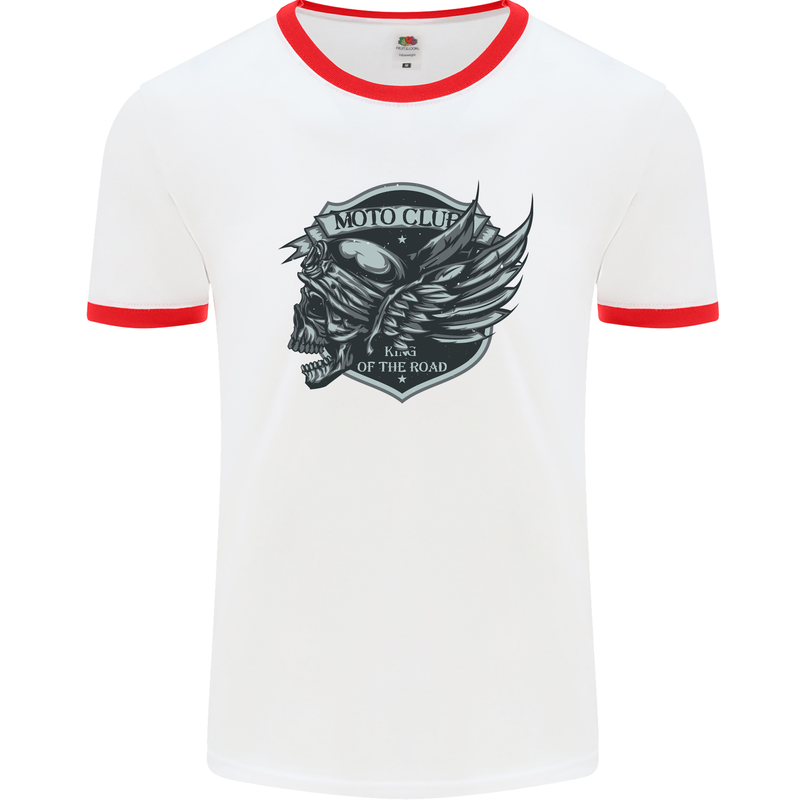 King of the Road Motorcycle Skull Biker Mens White Ringer T-Shirt White/Red