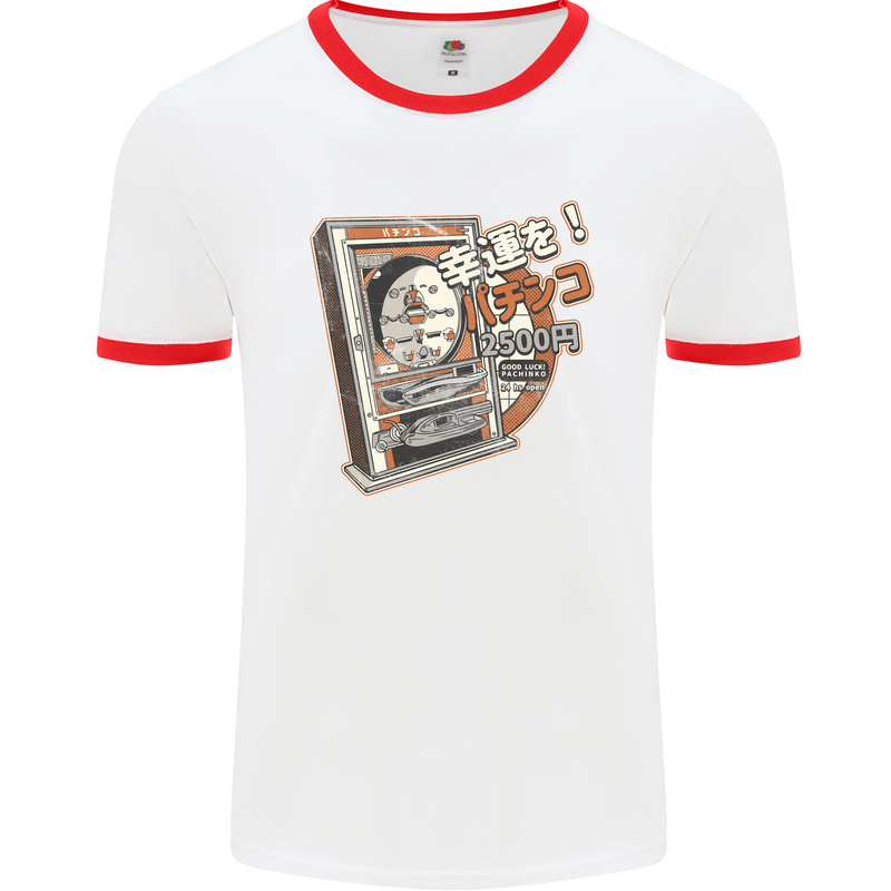 Pachinko Machine Arcade Game Pinball Mens White Ringer T-Shirt White/Red