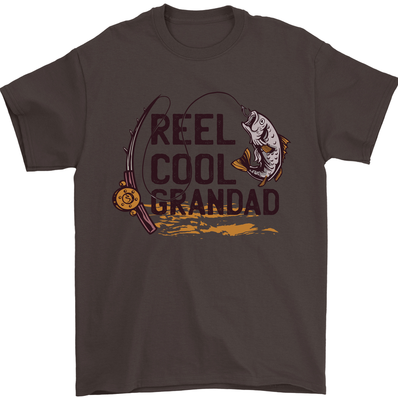 Reel Cool Grandad Funny Fishing Fisherman Mens T-Shirt Cotton Gildan Dark Chocolate