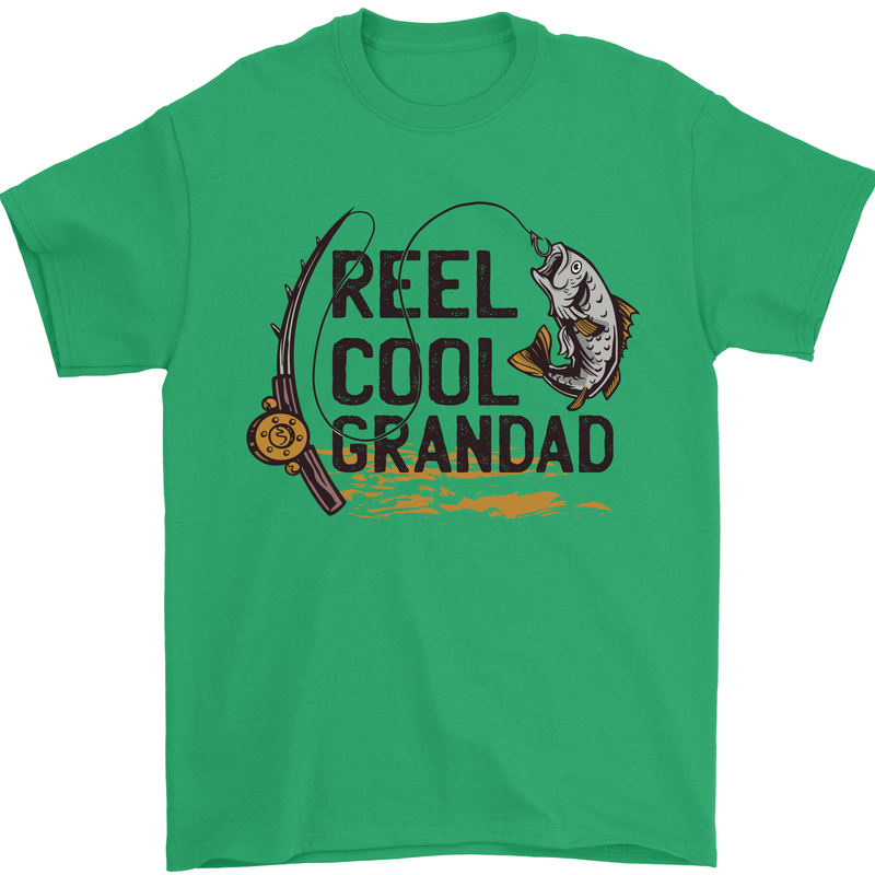 Reel Cool Grandad Funny Fishing Fisherman Mens T-Shirt Cotton Gildan Irish Green