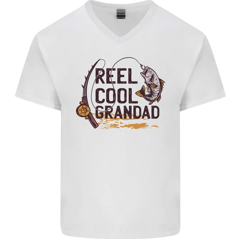 Reel Cool Grandad Funny Fishing Fisherman Mens V-Neck Cotton T-Shirt White