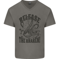 Release the Kraken Cthulhu Sea Creature Mens V-Neck Cotton T-Shirt Charcoal
