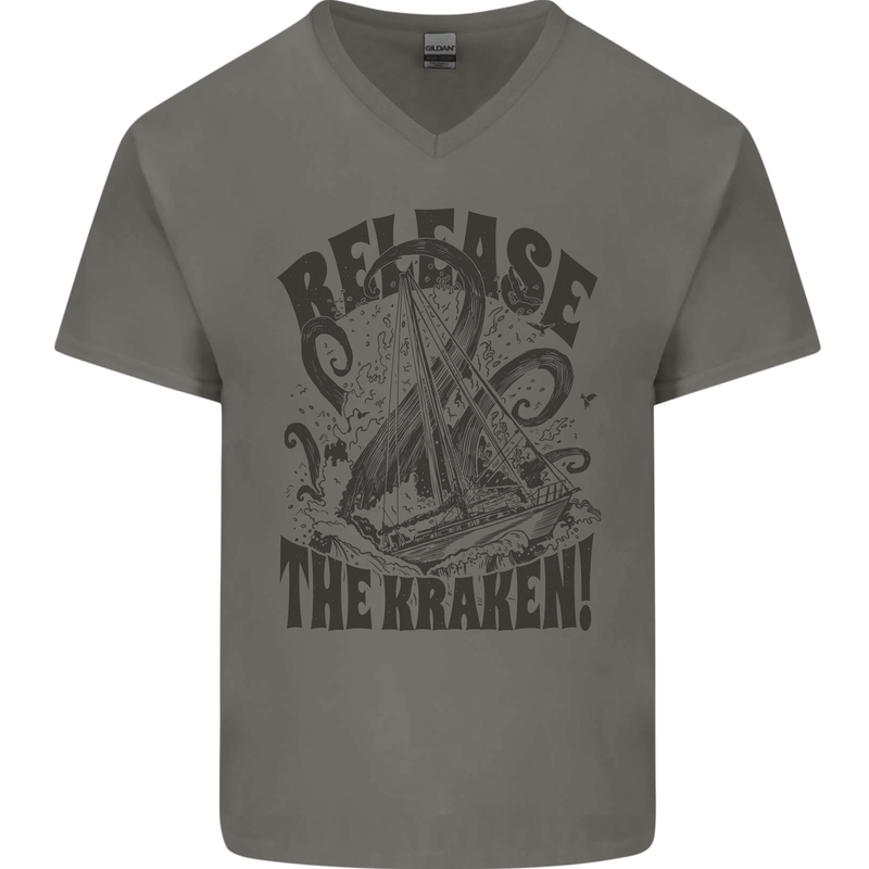 Release the Kraken Cthulhu Sea Creature Mens V-Neck Cotton T-Shirt Charcoal
