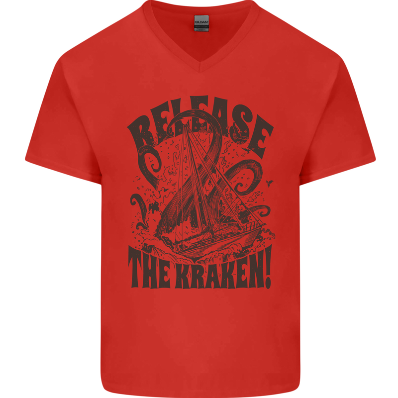 Release the Kraken Cthulhu Sea Creature Mens V-Neck Cotton T-Shirt Red