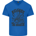 Release the Kraken Cthulhu Sea Creature Mens V-Neck Cotton T-Shirt Royal Blue