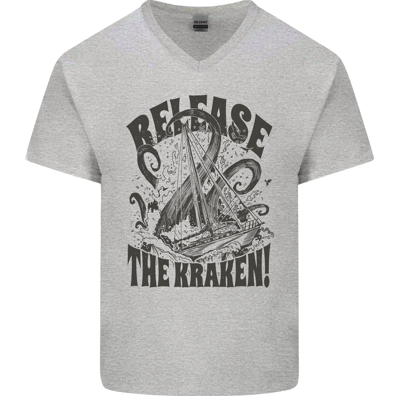 Release the Kraken Cthulhu Sea Creature Mens V-Neck Cotton T-Shirt Sports Grey
