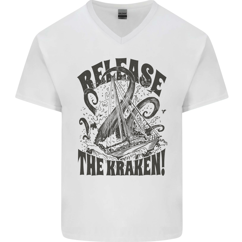 Release the Kraken Cthulhu Sea Creature Mens V-Neck Cotton T-Shirt White