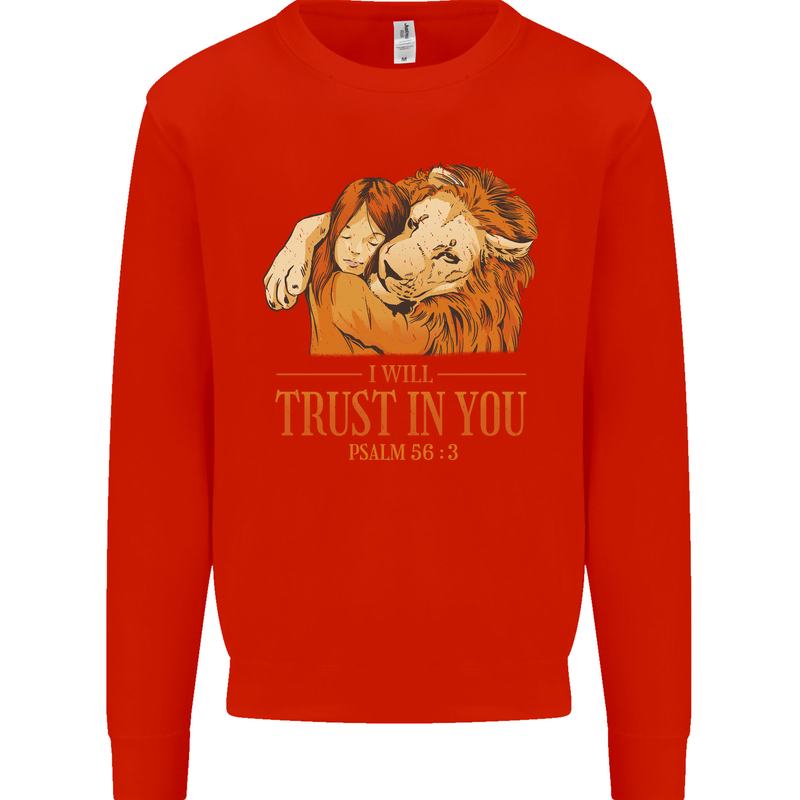 Religion Christianity Bible Trust in Lion Kids Sweatshirt Jumper Bright Red