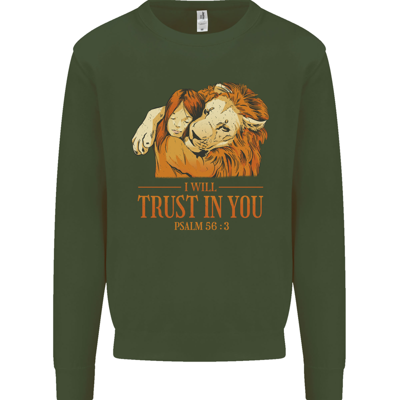 Religion Christianity Bible Trust in Lion Kids Sweatshirt Jumper Forest Green