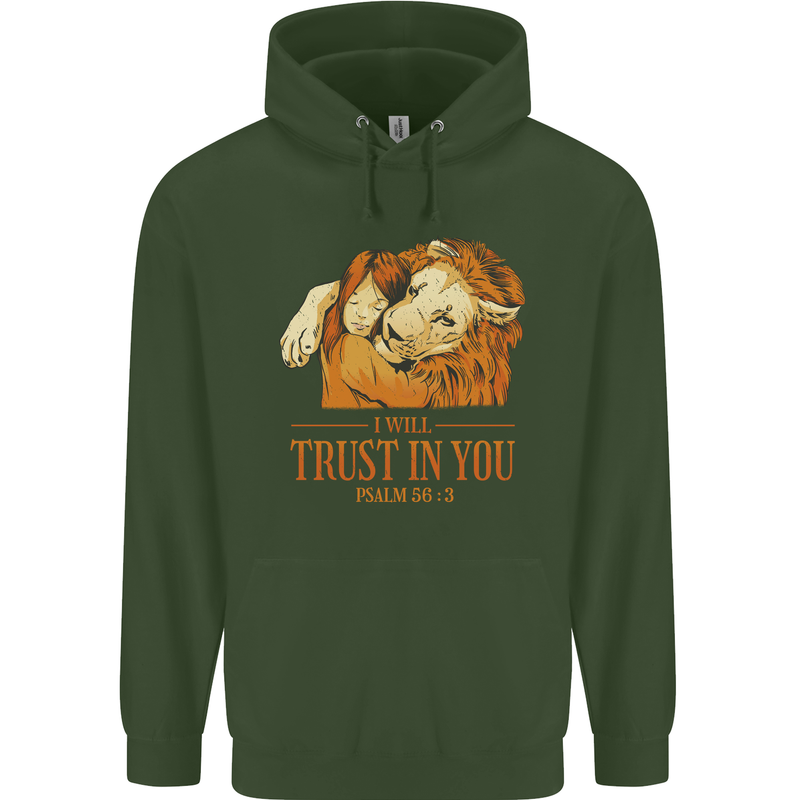 Religion Christianity Bible Trust in Lion Mens 80% Cotton Hoodie Forest Green