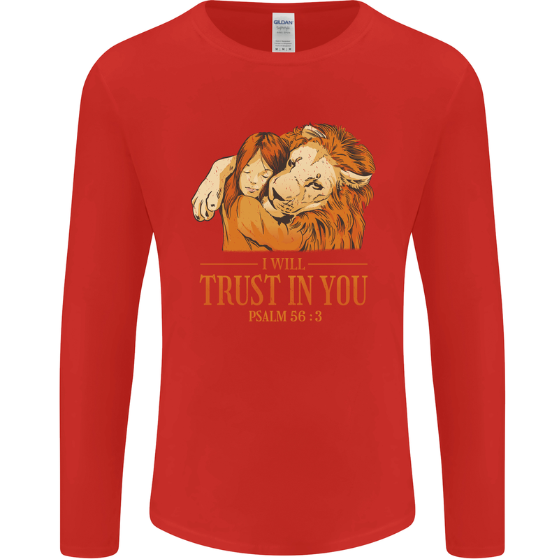 Religion Christianity Bible Trust in Lion Mens Long Sleeve T-Shirt Red