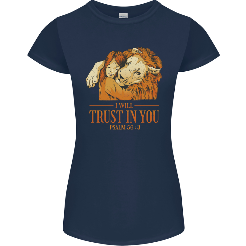 Religion Christianity Bible Trust in Lion Womens Petite Cut T-Shirt Navy Blue