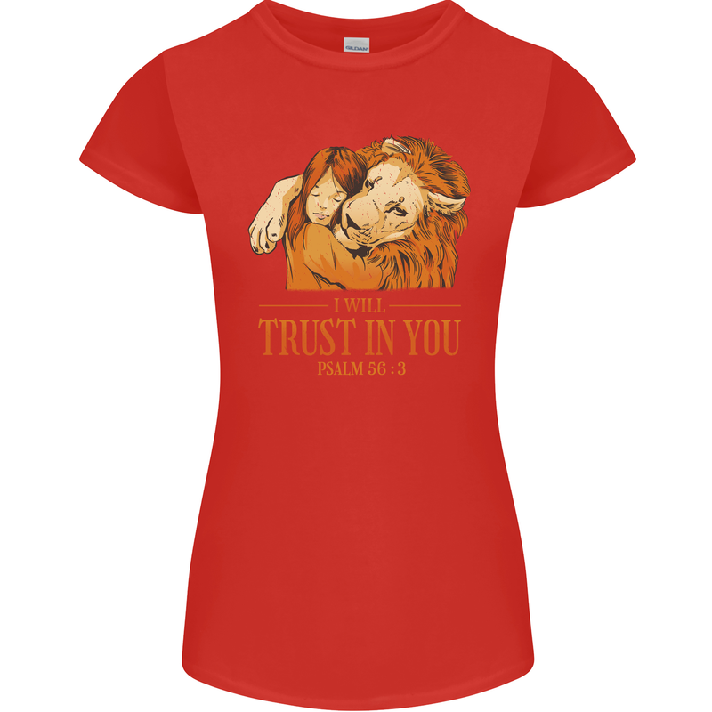 Religion Christianity Bible Trust in Lion Womens Petite Cut T-Shirt Red