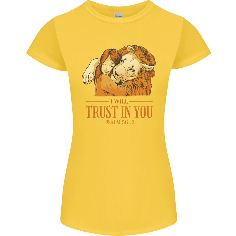 Religion Christianity Bible Trust in Lion Womens Petite Cut T-Shirt Yellow