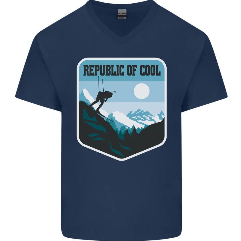 Republic of Cool Skiing Skier Ski Mens V-Neck Cotton T-Shirt Navy Blue