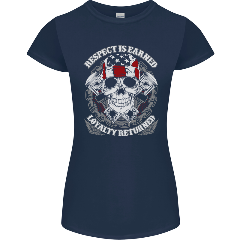 Respect Earned Motorbike Motorcycle Biker Womens Petite Cut T-Shirt Navy Blue