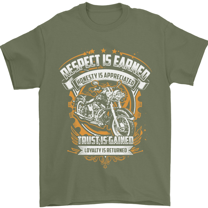 Respect Earned Motorcycle Motorbike Biker Mens T-Shirt Cotton Gildan Military Green