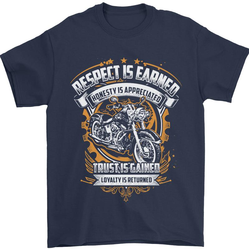 Respect Earned Motorcycle Motorbike Biker Mens T-Shirt Cotton Gildan Navy Blue