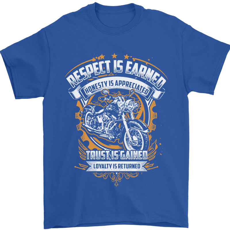 Respect Earned Motorcycle Motorbike Biker Mens T-Shirt Cotton Gildan Royal Blue