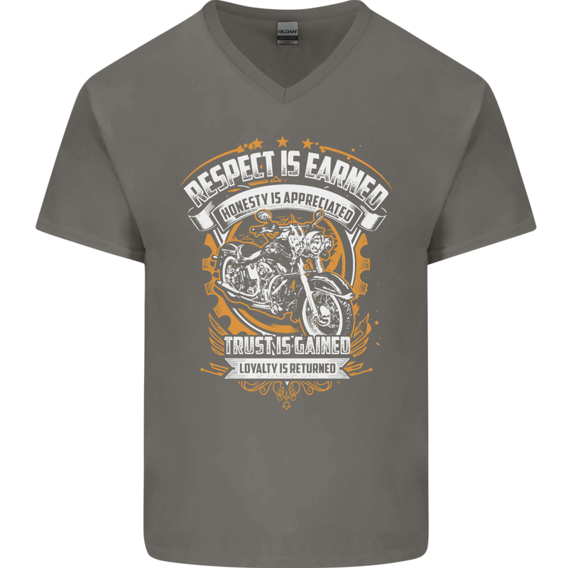 Respect Earned Motorcycle Motorbike Biker Mens V-Neck Cotton T-Shirt Charcoal