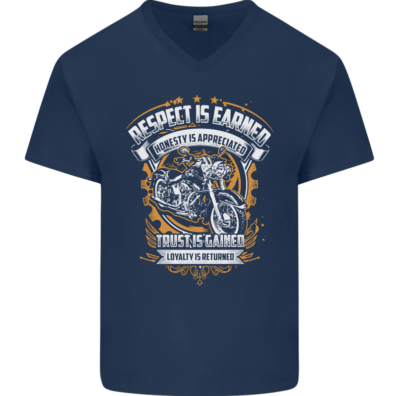 Respect Earned Motorcycle Motorbike Biker Mens V-Neck Cotton T-Shirt Navy Blue