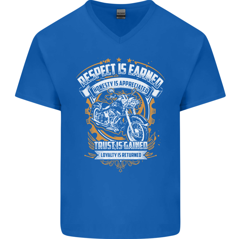 Respect Earned Motorcycle Motorbike Biker Mens V-Neck Cotton T-Shirt Royal Blue