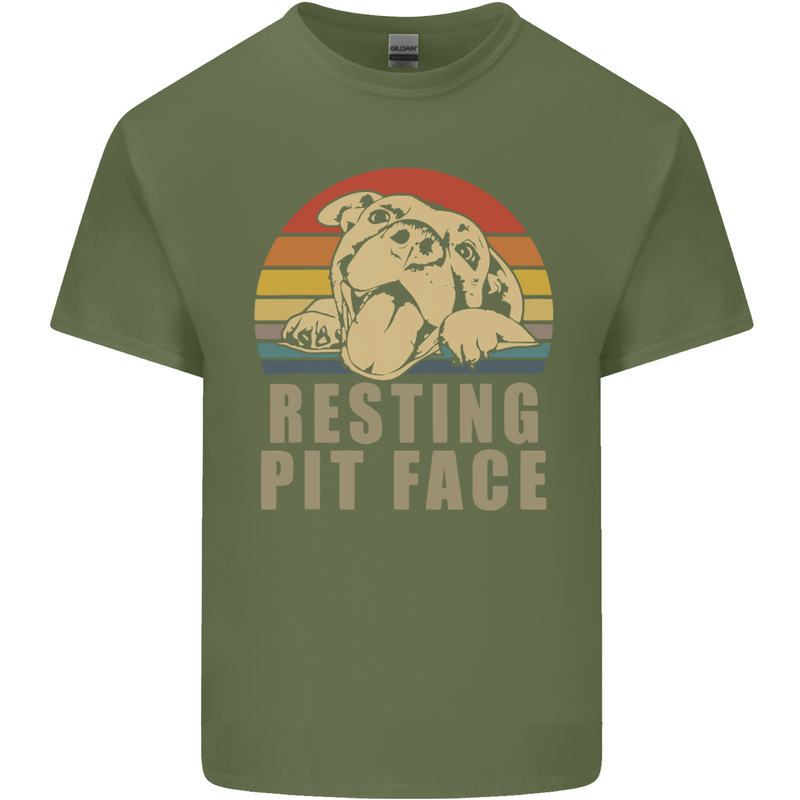 Resting Pit Bull Face Funny Dog Puppy Mens Cotton T-Shirt Tee Top Military Green